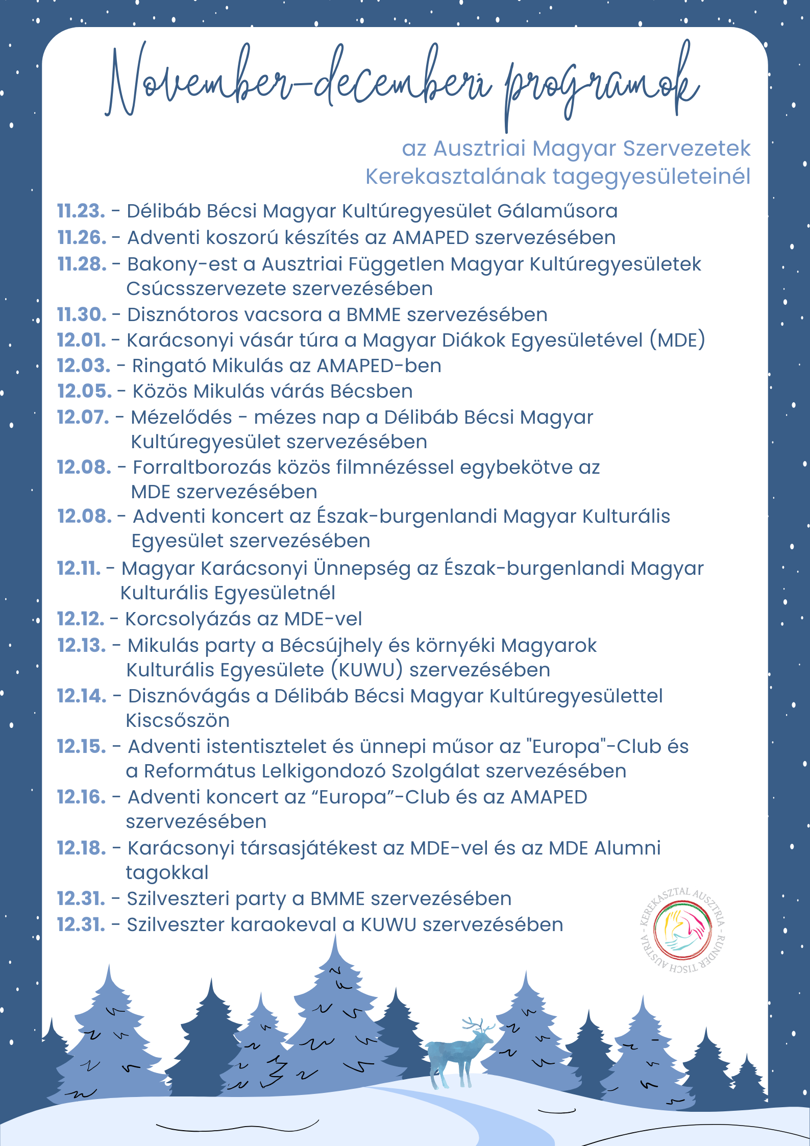 November-decemberi programok a Kerekasztal tagegyesületeinek szervezésében